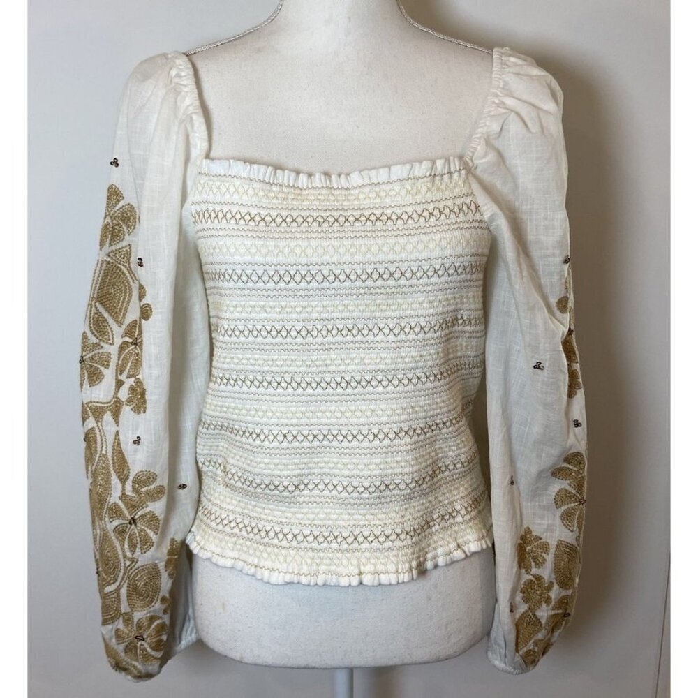 By Anthropologie Smocked Embroidered Top Shirt Boho Cream Gold Sequins M
